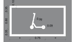 Kuvassa on esitetty tiemerkinnän M20 Kevyt sähköajoneuvo mukaisen pysäköintialueen mitat.